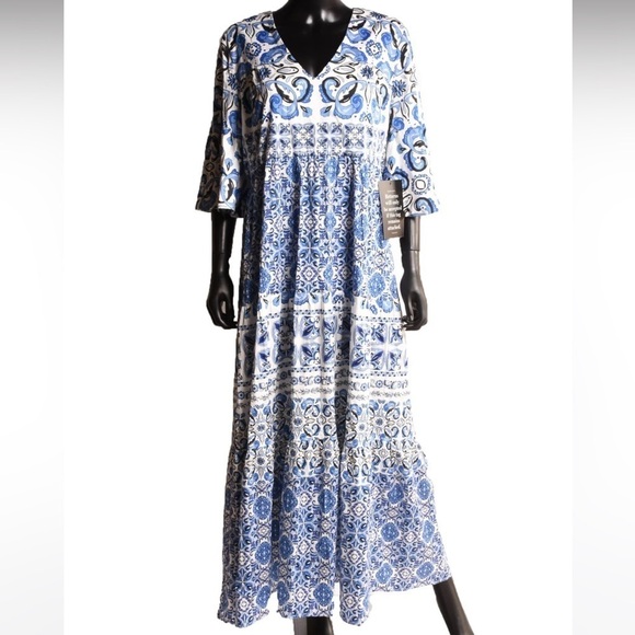 Tuckernuck Blue Majolica Tile Ginger Maxi Dress sz xL NWT Flutter Sleeves Tiered - Picture 3 of 4